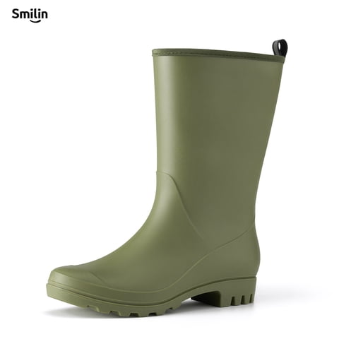Rubber Wide Calf Rain Boots for Women, Olive Green, Size 8