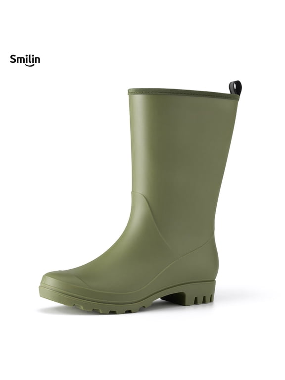Rubber Wide Calf Rain Boots for Women, Olive Green, Size 9