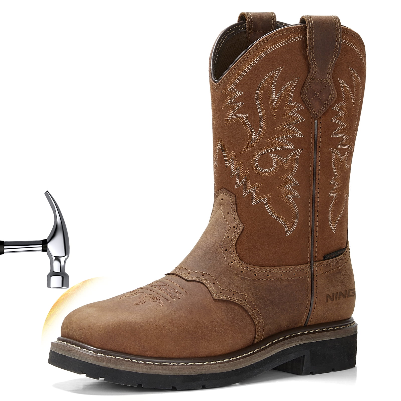 HISEA Men s Steel Toe Work Boots Pull On Western Style Slip Oil Resistant Brown Leather Wide Width Size 9 Walmart