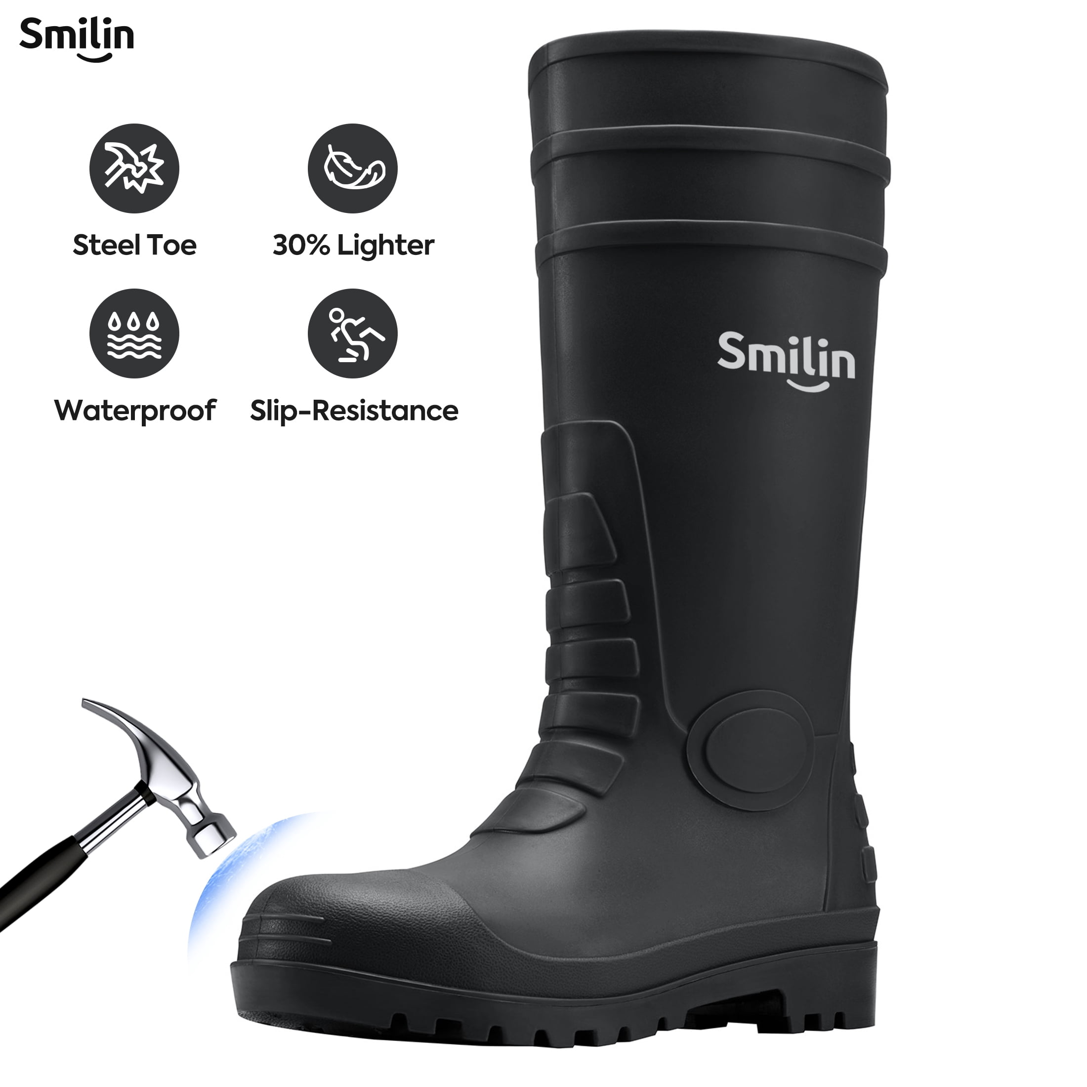 PVC Rubber Rain Boots for Men,Steel Toe Waterproof and Slip Resistant lightweight Knee Men's Work Boots,Black Color,US Size 10