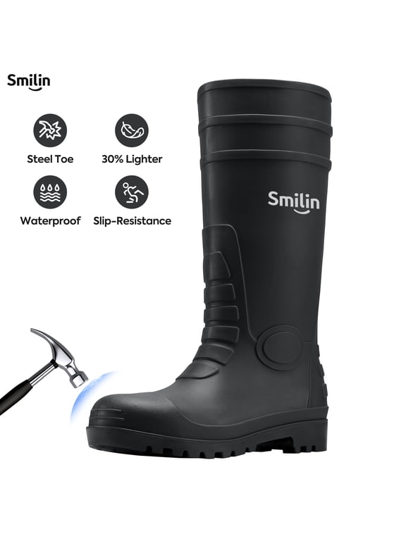 PVC Rubber Rain Boots for Men,Steel Toe Waterproof and Slip Resistant lightweight Knee Men's Work Boots,Black Color,US Size 11