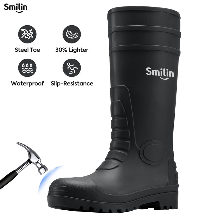 SMILIN PVC Rubber Rain Boots for Men,Steel Toe Waterproof 