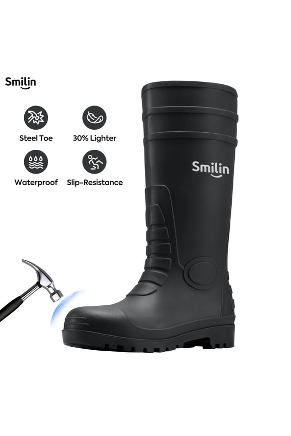 PVC Rubber Rain Boots for Men,Steel Toe Waterproof and Slip Resistant lightweight Knee Men's Work Boots,Black Color,US Size 13