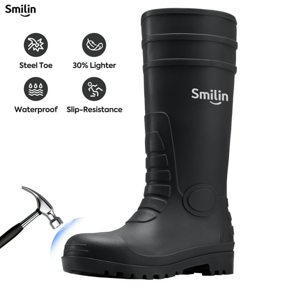 SMILIN PVC Rubber Rain Boots for Men,Steel Toe Waterproof and Slip Resistant lightweight Knee Men's Work Boots,Black Color,US Size 7