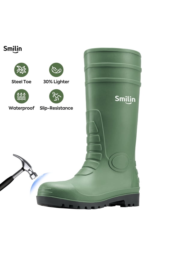 PVC Rubber Rain Boots for Men,Steel Toe Waterproof and Slip Resistant lightweight Knee Men's Work Boots,Green Color,US Size 11