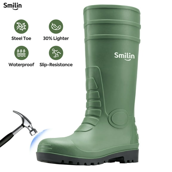 SMILIN PVC Rubber Rain Boots for Men,Steel Toe Waterproof and Slip Resistant lightweight Knee Men's Work Boots,Green Color,US Size 12