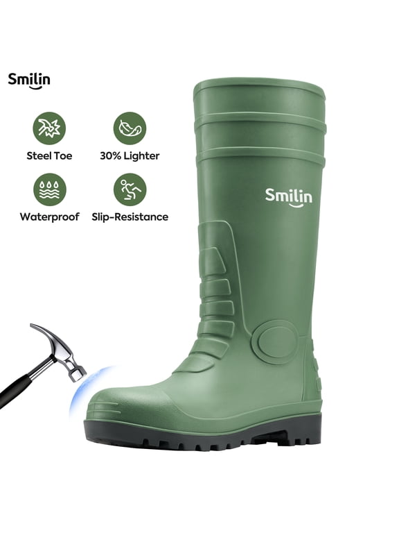 PVC Rubber Rain Boots for Men,Steel Toe Waterproof and Slip Resistant lightweight Knee Men's Work Boots,Green Color,US Size 9