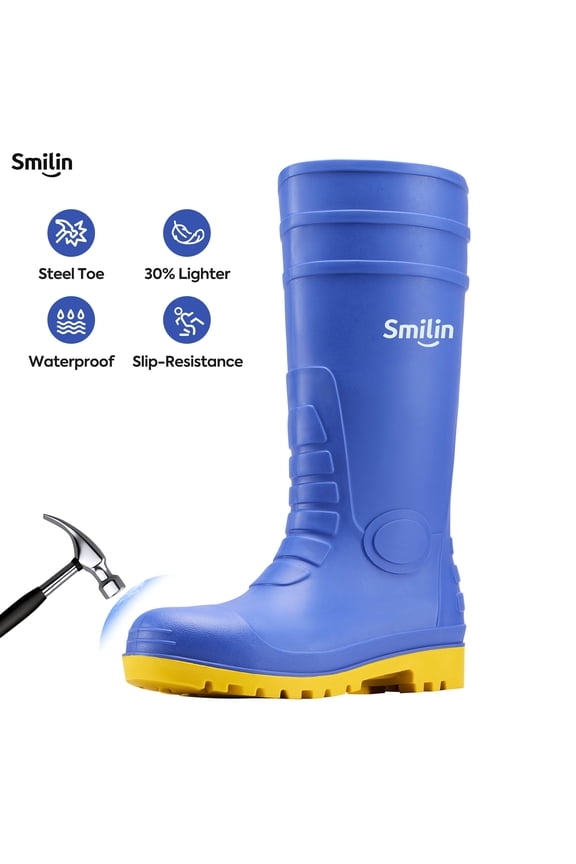 PVC Rubber Rain Boots for Men,Steel Toe Waterproof and Slip Resistant lightweight Knee Men's Work Boots,Blue Color,US Size 7