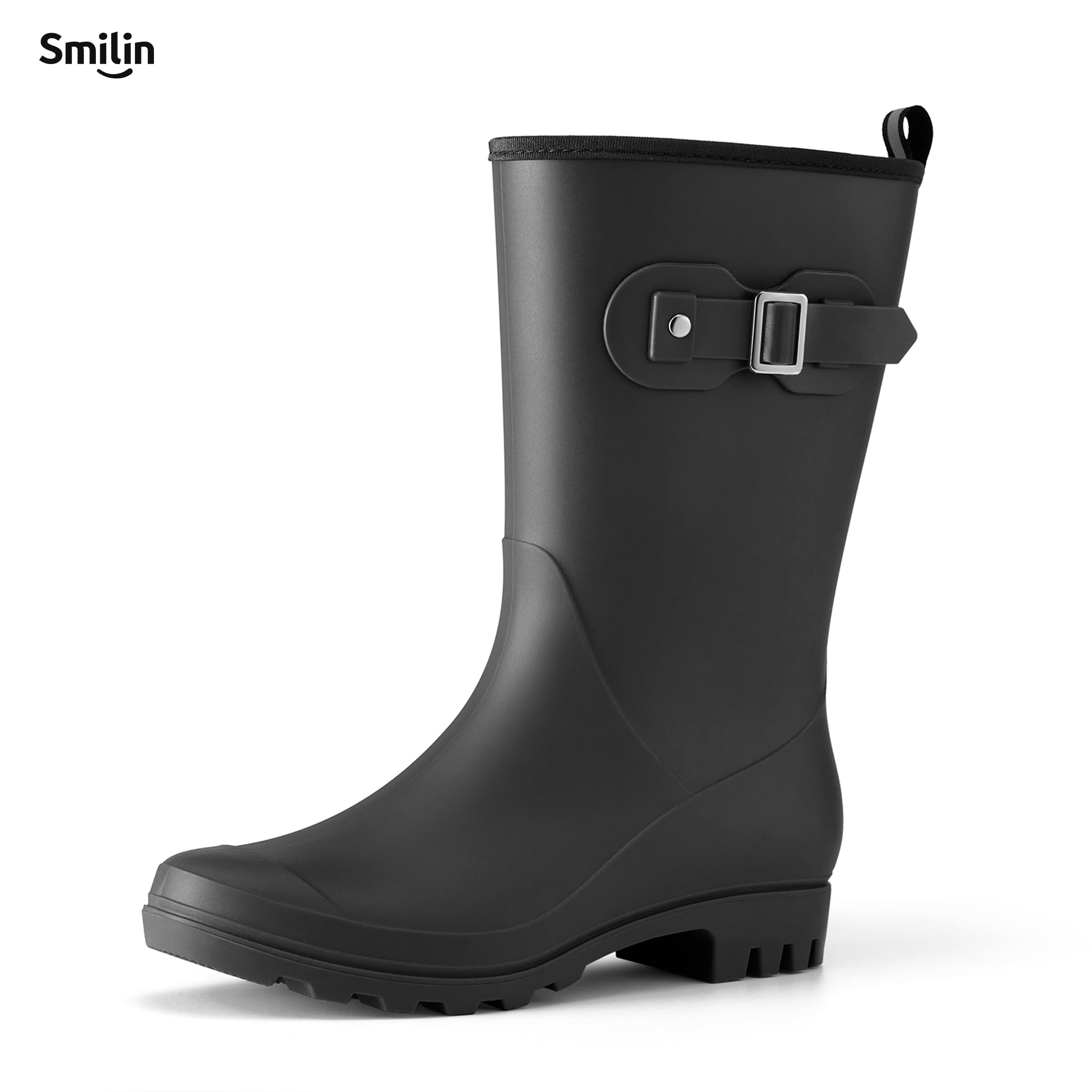 SMILIN Wellington Wide Calf Rubber Rain Boots for Women Black Size 8