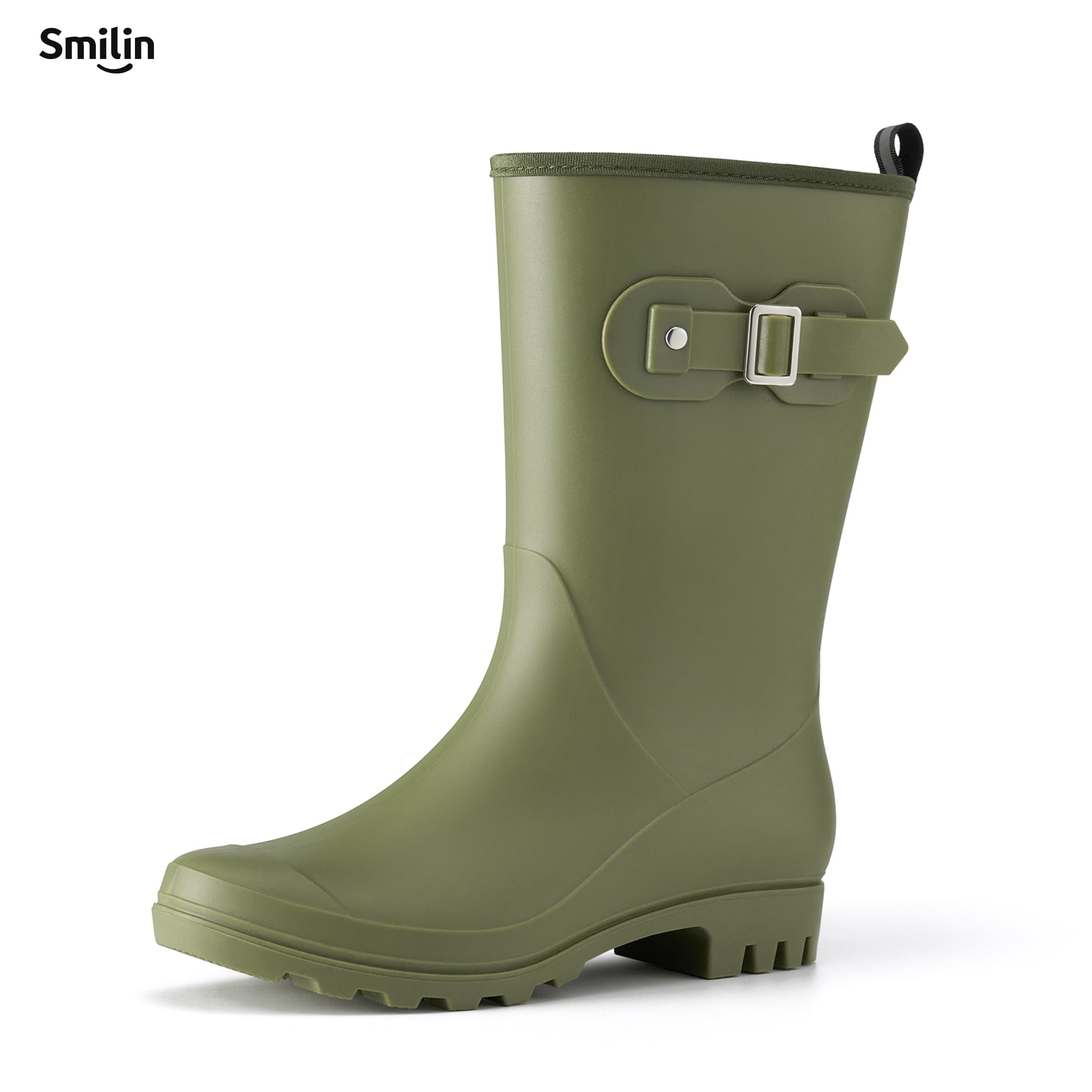 SMILIN Wellington Wide Calf Rubber Rain Boots for Women Olive Green Size 8