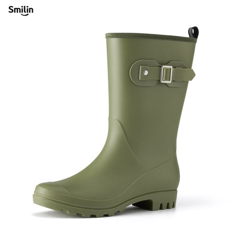 SMILIN Wellington Wide Calf Rubber Rain Boots for Women Olive Green Size 8