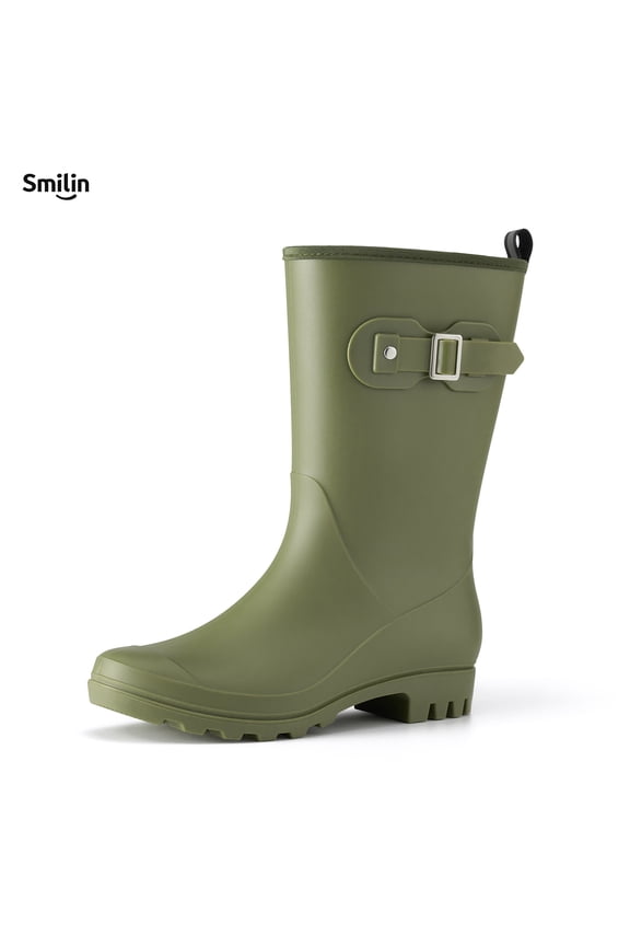 Wellington Wide Calf Rubber Rain Boots for Women Olive Green Size 8