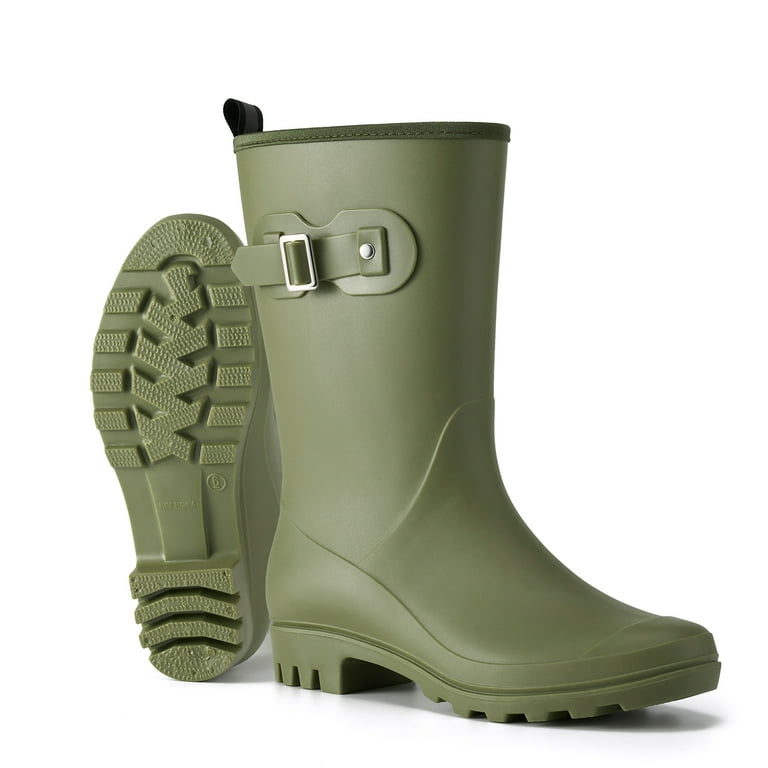 HISEA Wellington Wide Calf Rubber Rain Boots for Women Olive Green