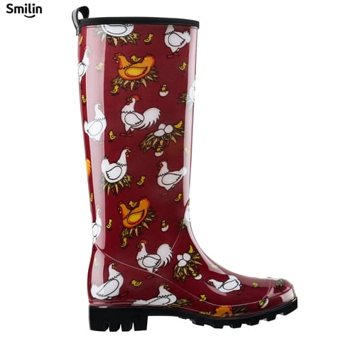 Colorful Rain Boots for Women,Mid-Calf Waterproof Anti-Slip Slim Calf Garden Shoes,Red Chickens,US Size 11