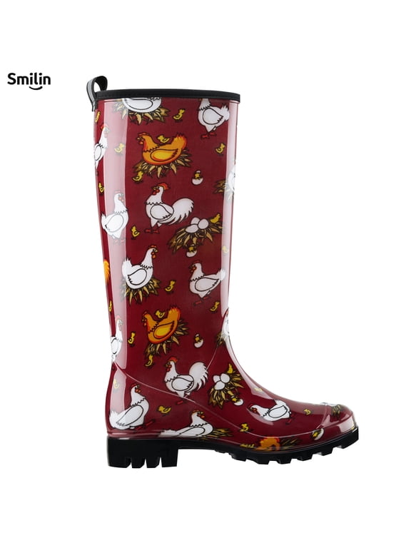 Colorful Rain Boots for Women,Mid-Calf Waterproof Anti-Slip Slim Calf Garden Shoes,Red Chickens,US Size 11
