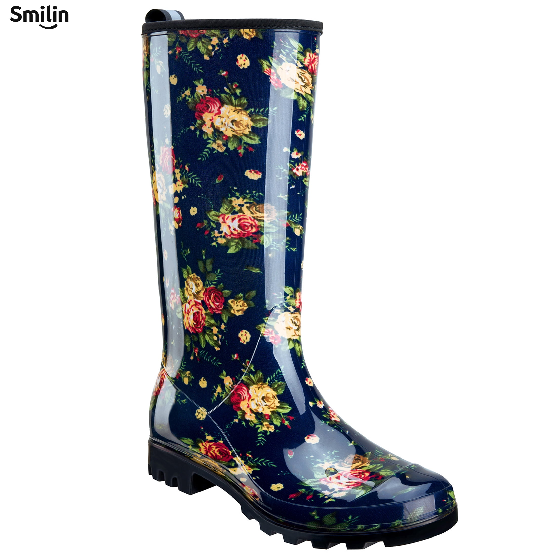 SMILIN Colorful Rain Boots for Women,Mid-Calf Waterproof Anti-Slip Slim Calf Garden Shoes,Navy Floral,US Size 10