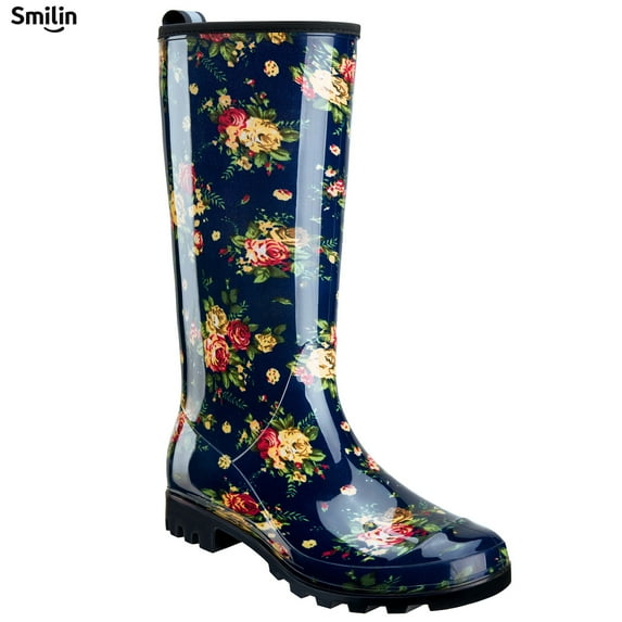 SMILIN Colorful Rain Boots for Women,Mid-Calf Waterproof Anti-Slip Slim Calf Garden Shoes,Navy Floral,US Size 6