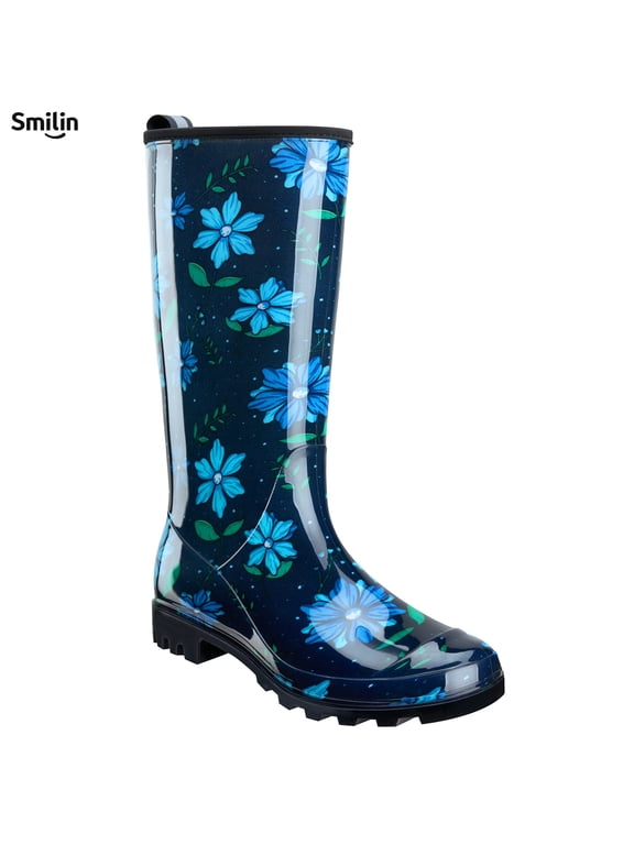 Colorful Rain Boots for Women,Mid-Calf Waterproof Anti-Slip Slim Calf Garden Shoes,Blue Floral,US Size 7