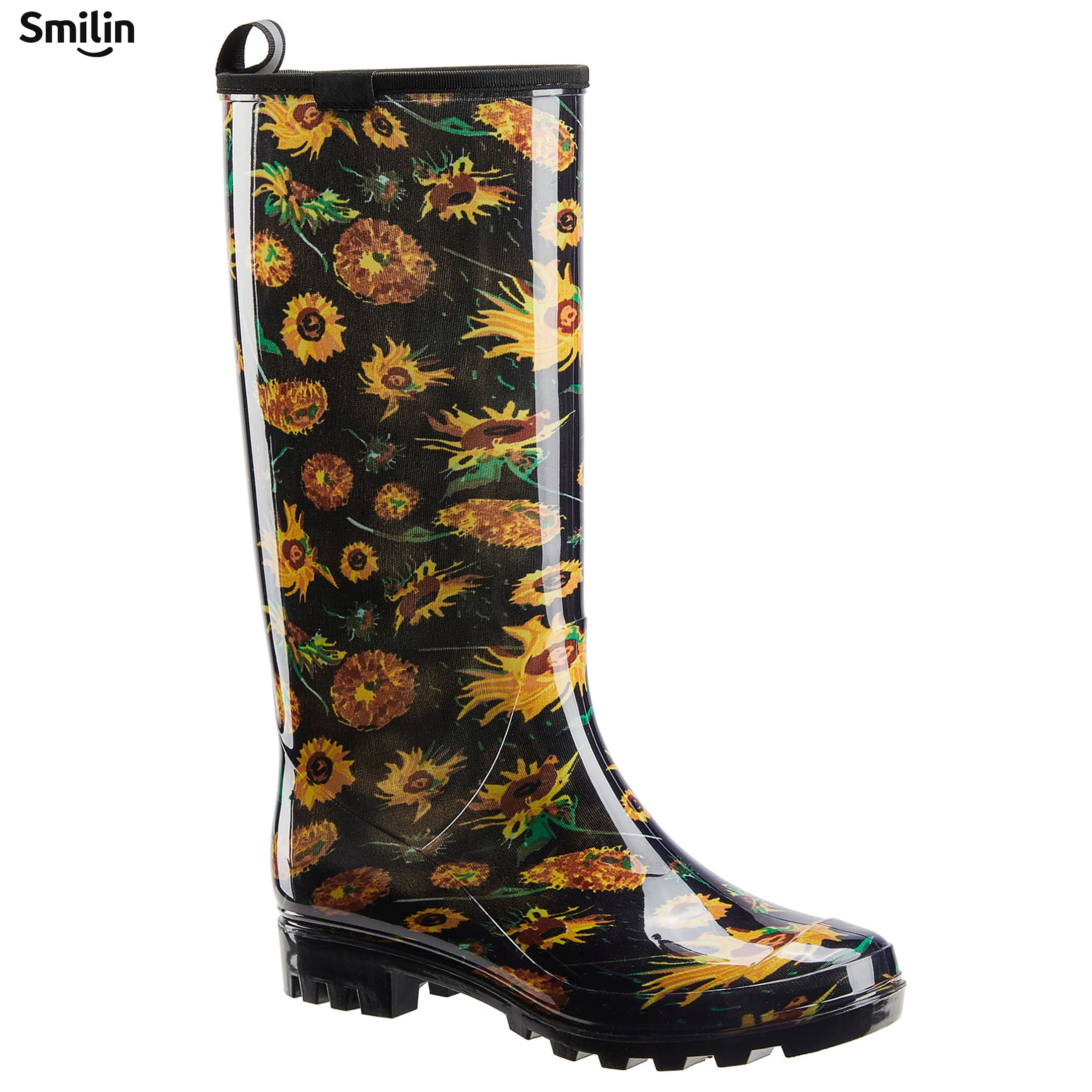 SMILIN Colorful Rain Boots for Women,Mid-Calf Waterproof Anti-Slip Slim Calf Garden Shoes,Black Sunflower,US Size 11