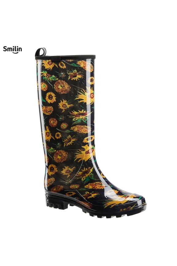 Colorful Rain Boots for Women,Mid-Calf Waterproof Anti-Slip Slim Calf Garden Shoes,Black Sunflower,US Size 8