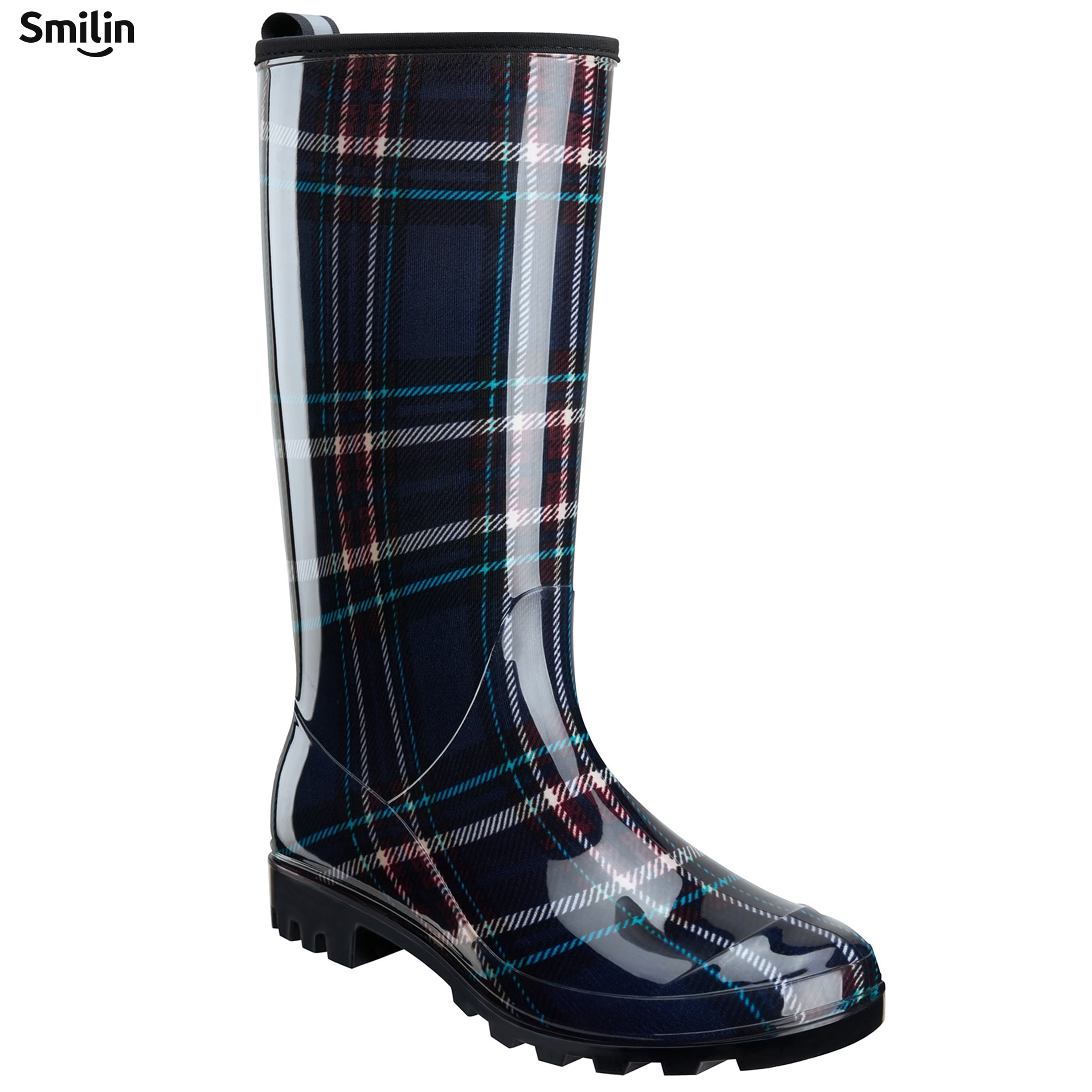 SMILIN Colorful Rain Boots for Women,Mid-Calf Waterproof Anti-Slip Slim Calf Garden Shoes,Blue Plaid,US Size 6
