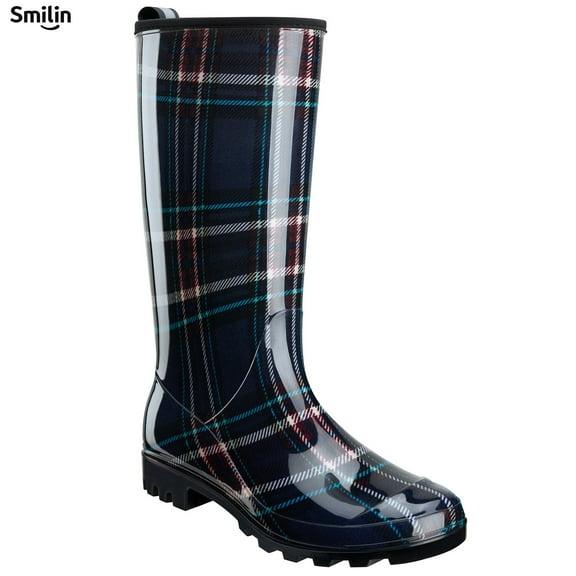 SMILIN Colorful Rain Boots for Women,Mid-Calf Waterproof Anti-Slip Slim Calf Garden Shoes,Blue Plaid,US Size 8