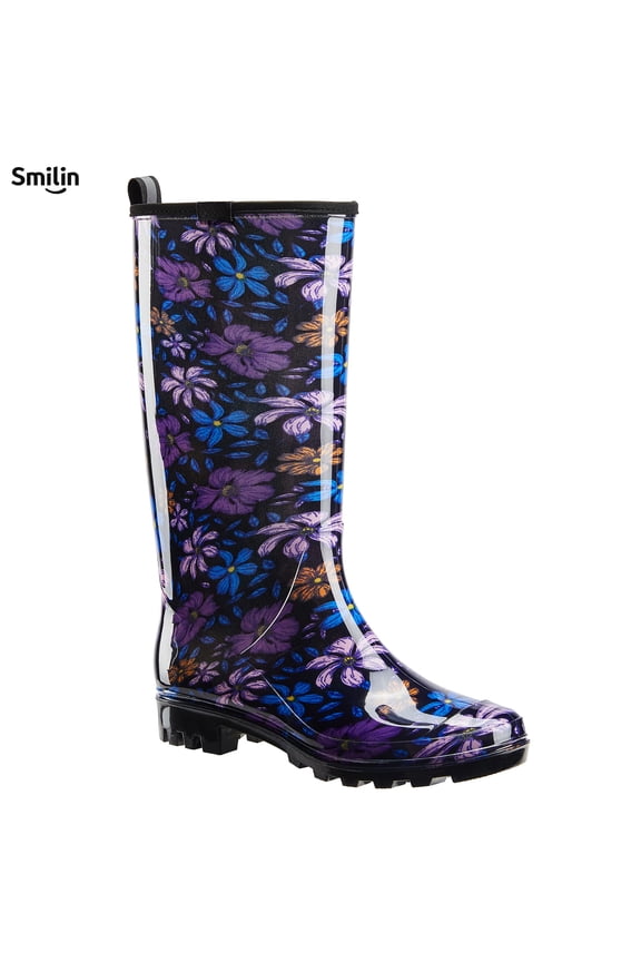 Colorful Rain Boots for Women,Mid-Calf Waterproof Anti-Slip Slim Calf Garden Shoes,Purple Floral,US Size 8