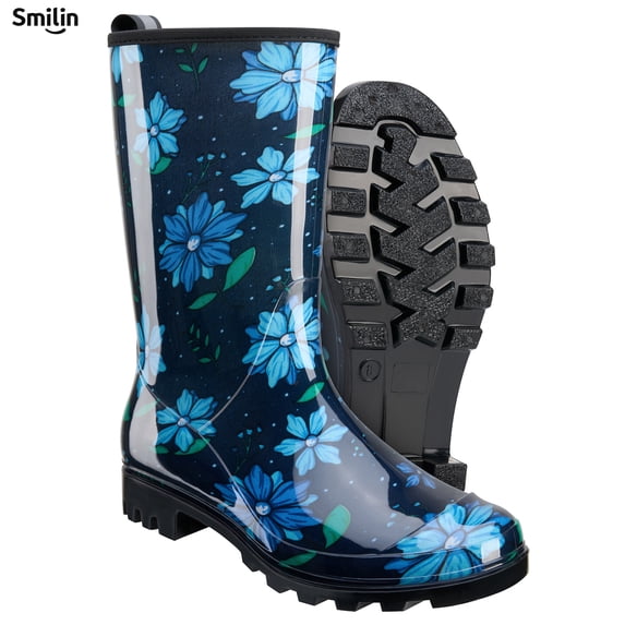 SMILIN Women's Rain Boots, Waterproof Non-slip High Ankle Garden Boots,Blue Floral, Size 11