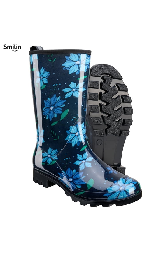 Women's Rain Boots, Waterproof Non-slip High Ankle Garden Boots,Blue Floral, Size 9