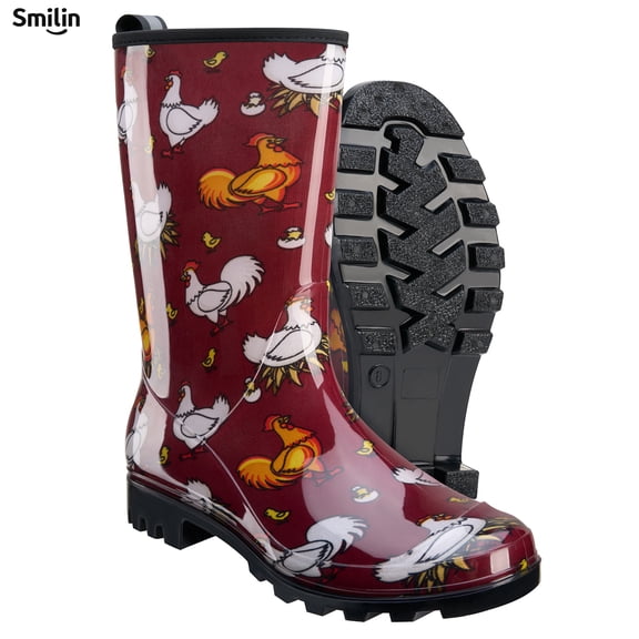 SMILIN Women's Rain Boots, Waterproof Non-slip High Ankle Garden Boots,Red Chickens, Size 8