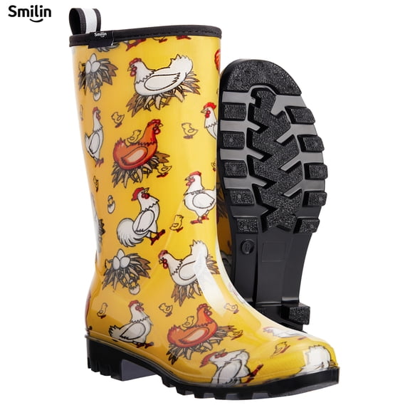 SMILIN Women's Rain Boots, Waterproof Non-slip High Ankle Garden Boots，Yellow Chickens, Size 10