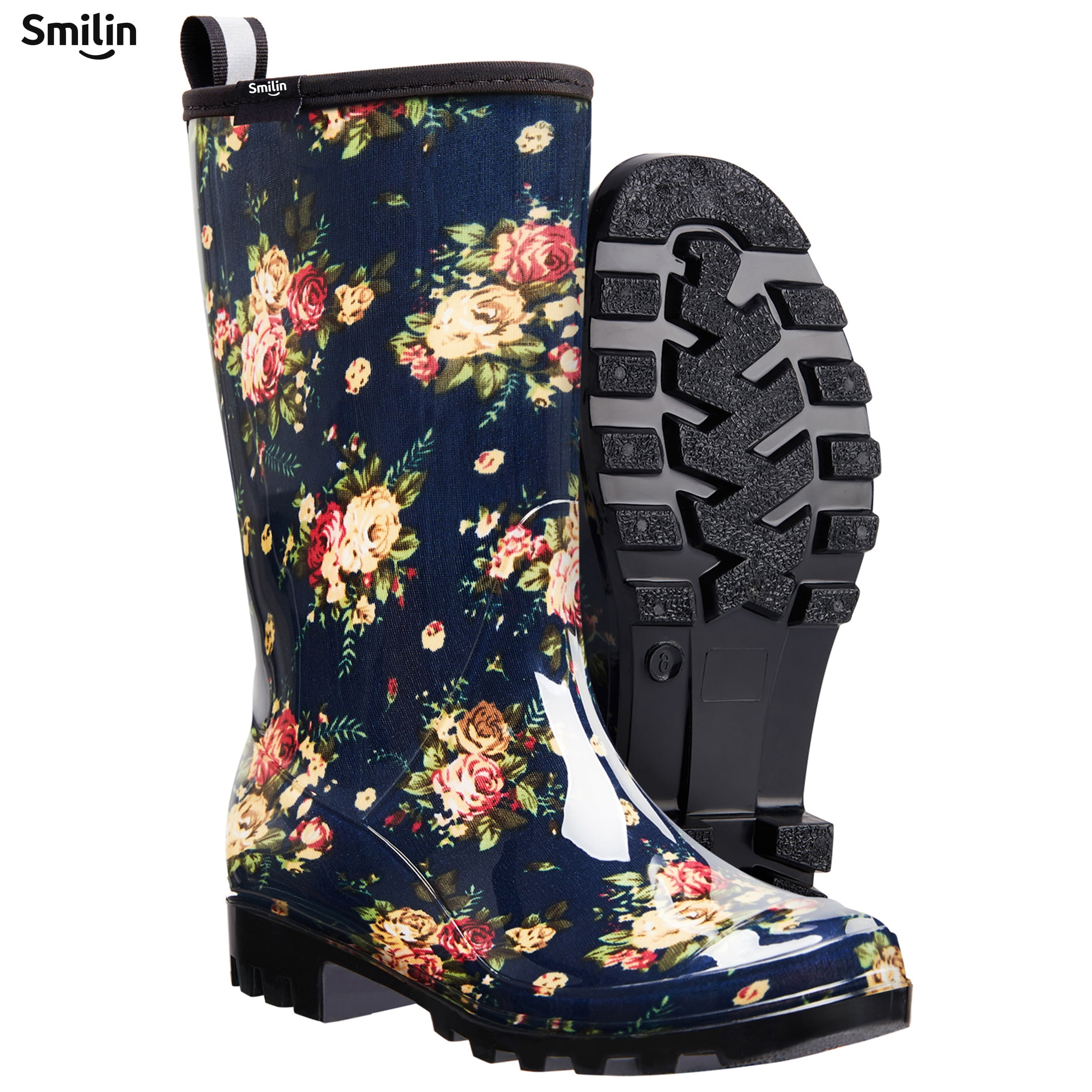 SMILIN Women's Rain Boots, Waterproof Non-slip High Ankle Garden Boots，Navy Floral, Size 8