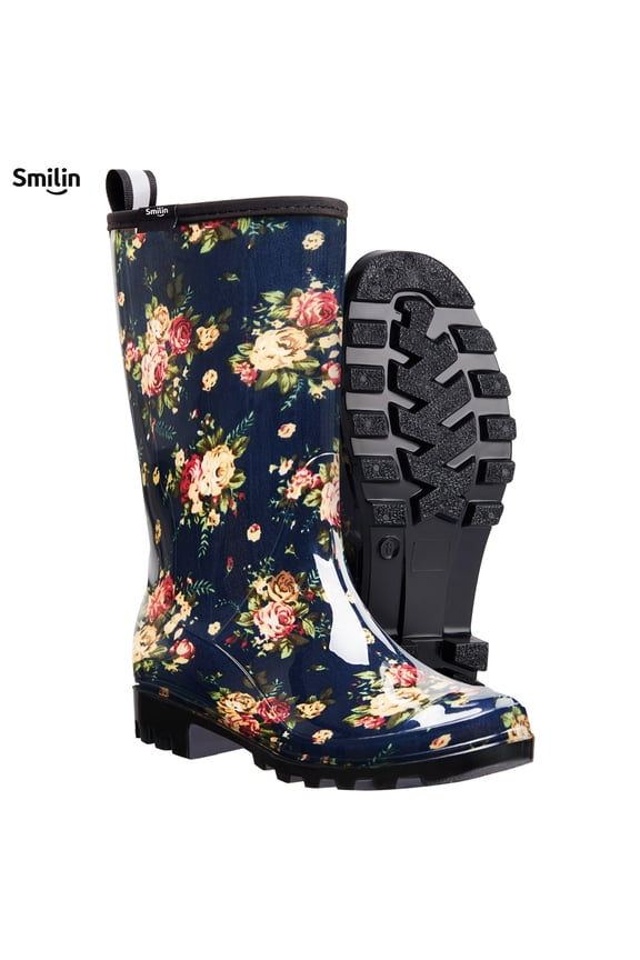 Women's Rain Boots, Waterproof Non-slip High Ankle Garden Boots，Navy Floral, Size 8