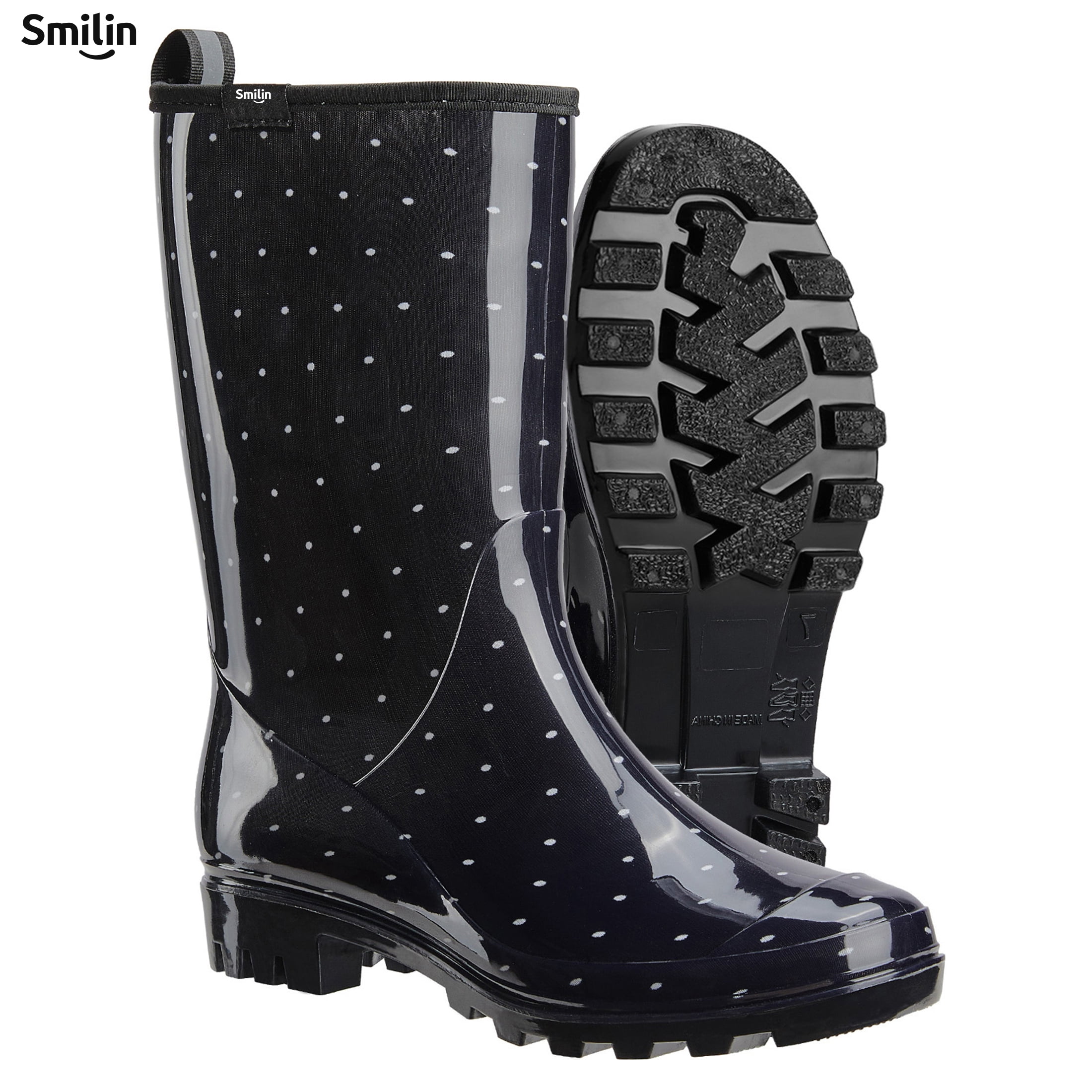 SMILIN Women's Rain Boots, Waterproof Non-slip High Ankle Garden Boots，Polka Dot, Size 6