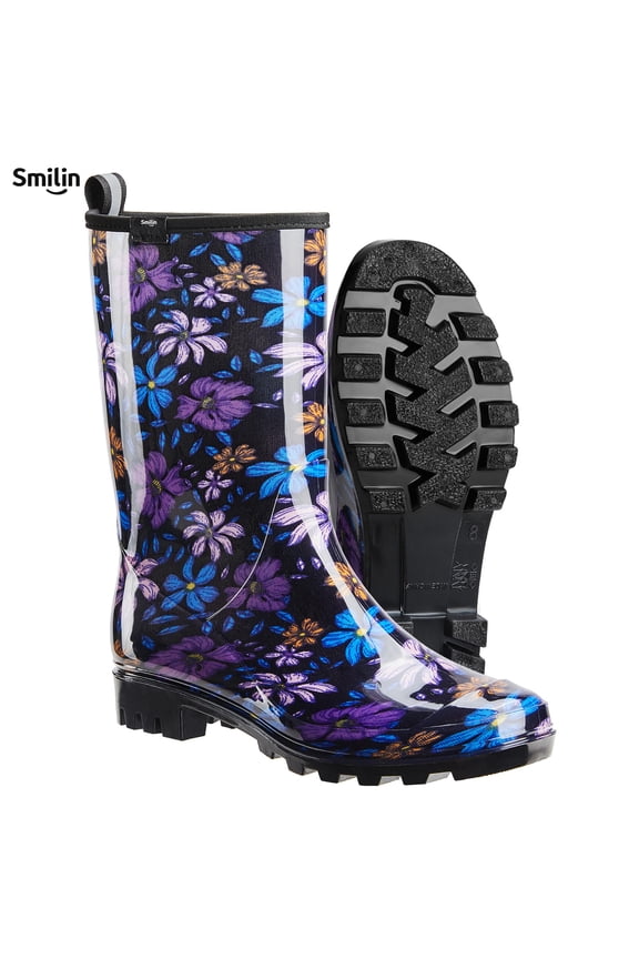 Women's Rain Boots, Waterproof Non-slip High Ankle Garden Boots，Purple Floral, Size 8