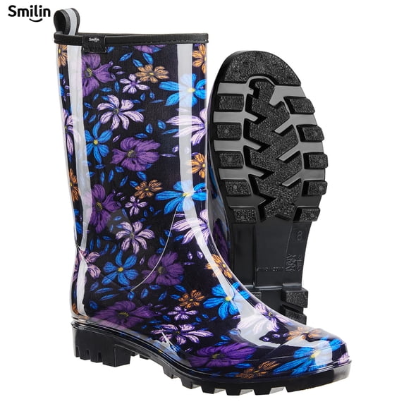 SMILIN Women's Rain Boots, Waterproof Non-slip High Ankle Garden Boots,Purple Floral, Size 9