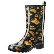 HISEA Women's Rain Boots, Waterproof Non-slip Mid Calf Garden Boots，Floral Navy Size 11