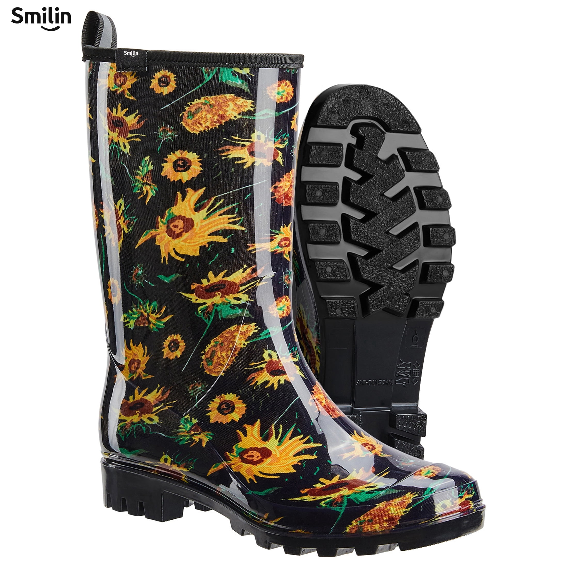 SMILIN Women's Rain Boots, Waterproof Non-slip High Ankle Garden Boots，Black Sunflower, Size 6