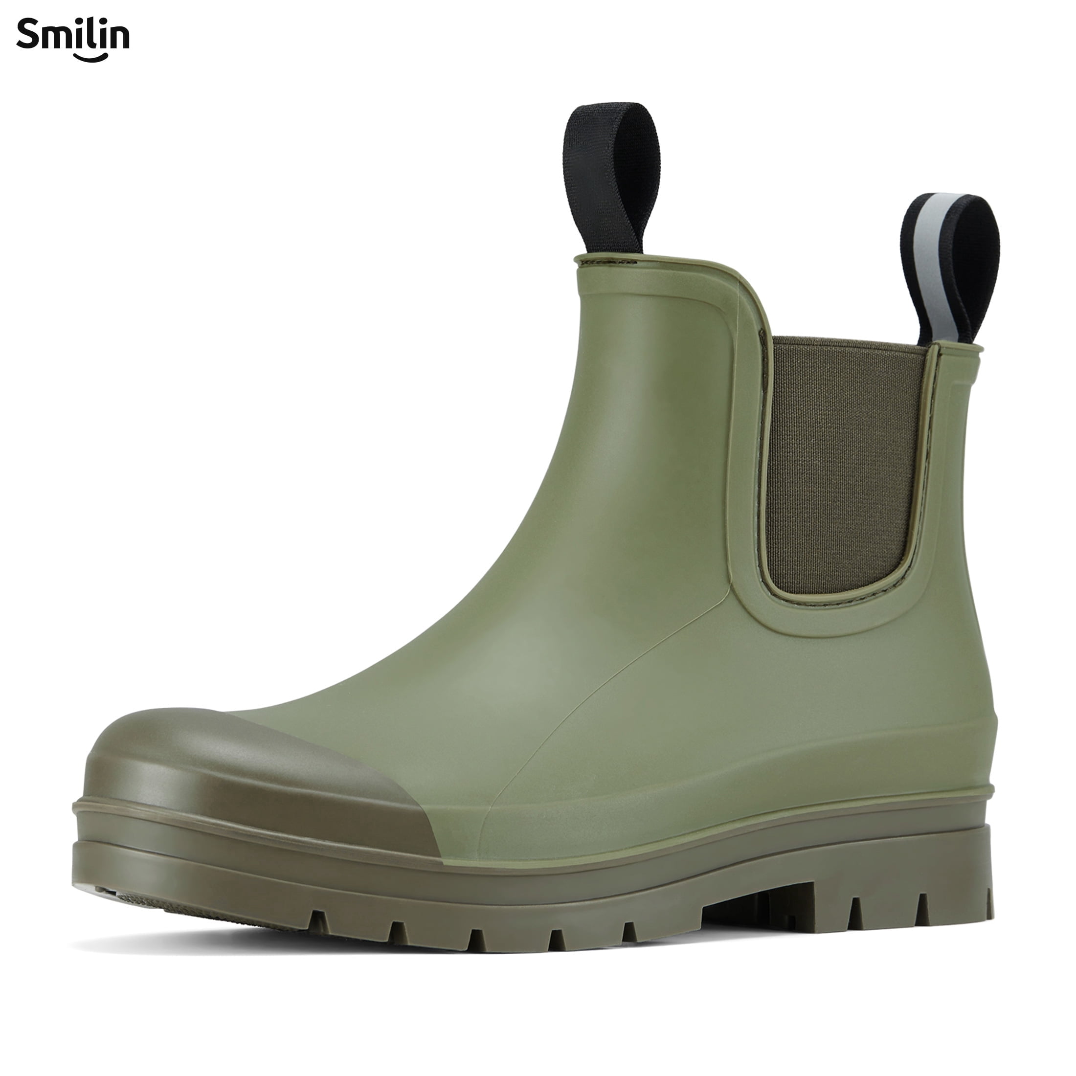 SMILIN Short Ankle Rain Boots for Women, Chelsea Waterproof Anti Slip Garden Shoes with Insole, Olive Green, Size 8.5
