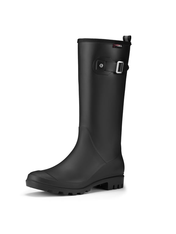 Women's Slim Calf Waterproof Tall Rain Boots, Anti-Slip PVC Rubber Boots with Comfortable Insole for Outdoor Work & Walking,Black,Size 8