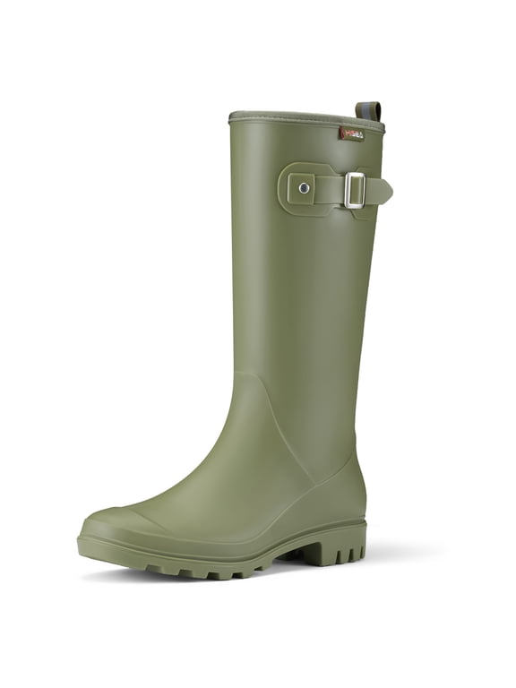Women's Slim Calf Waterproof Tall Rain Boots, Anti-Slip PVC Rubber Boots with Comfortable Insole for Outdoor Work & Walking,Green,Size 8