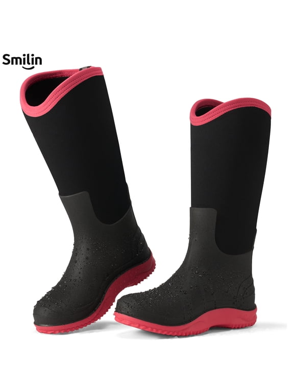 Women's Waterproof Neoprene Muck Rain Boots, V-Topline Tall Rubber Garden Boots, Black, Size 10