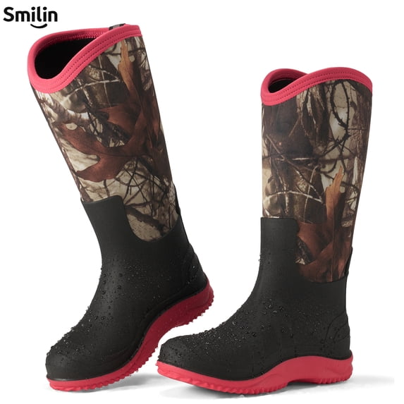 SMILIN Women's Waterproof Neoprene Muck Rain Boots, V-Topline Tall Rubber Garden Boots, Camo, Size 8