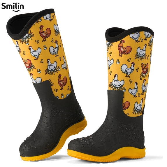 SMILIN Women's Waterproof Neoprene Muck Rain Boots, V-Topline Tall Rubber Garden Boots, Yellow Chicken, Size 7