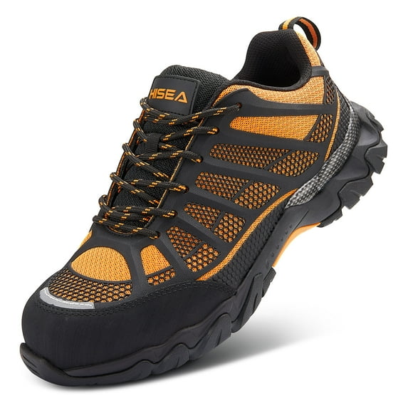 HISEA Work Shoes for Men Breathable Steel Toe Shoes Slip Resistant EH Industrial & Construction Shoe Orange Size 9.5