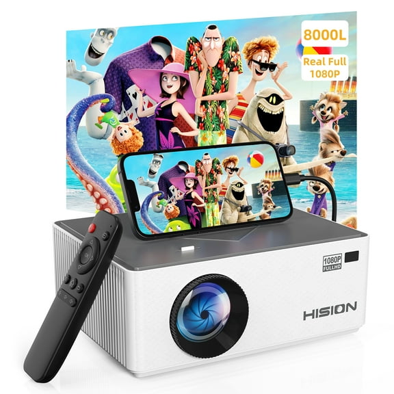 HISION Bluetooth 1080P FHD LCD Mini Projector with 200" Screen, White