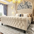 thumbnail image 1 of HISOFT Queen Bed Frame, 42" Tall Velvet Upholstered Sleigh Bed with Wingback Headboard & Scrolled Footboard, No Box Spring Needed, Sturdy Support, Easy Assembly, Noise Free, Button Tufted, White, 1 of 7