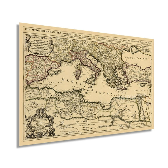 HISTORIX 1680 Mediterranean Sea Vintage Map Poster Wall Art Print, 24 x 36 Inch