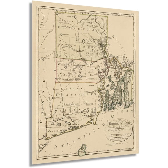 HISTORIX 1797 Rhode Island State Vintage Map Poster Wall Art Print, 18 x 24 Inch