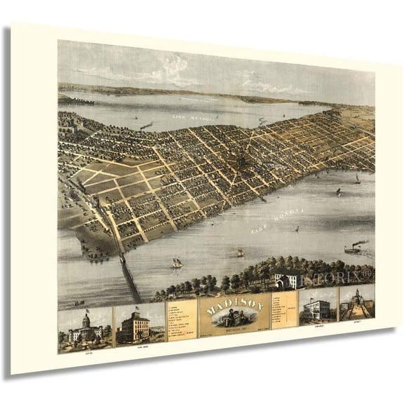 HISTORIX 1867 Madison Wisconsin Vintage Map Poster Wall Art Print, 24 x 36 Inch